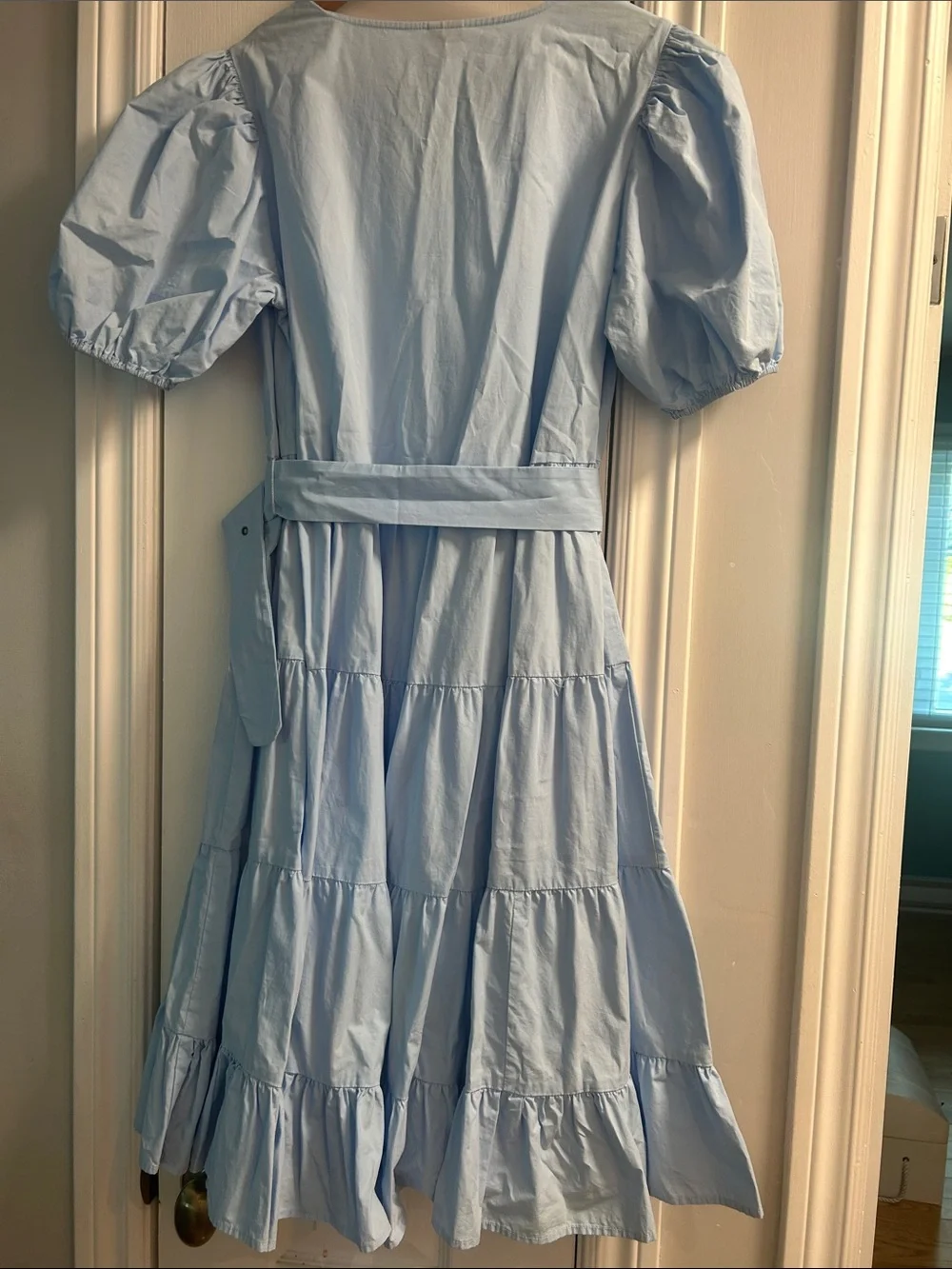 Vero Moda Light Blue Tiered Puff Sleeve Midi Dress with Belt - Picture 6 of 7
